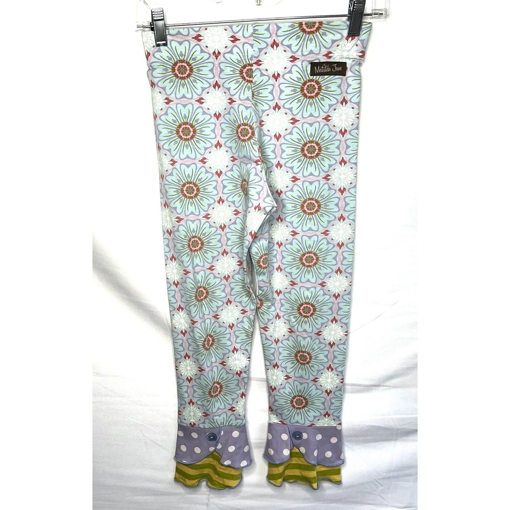 Matilda Jane Leggings Girls 12 Blue Floral Ruffle Hem Capri Pants Whimsical Cozy